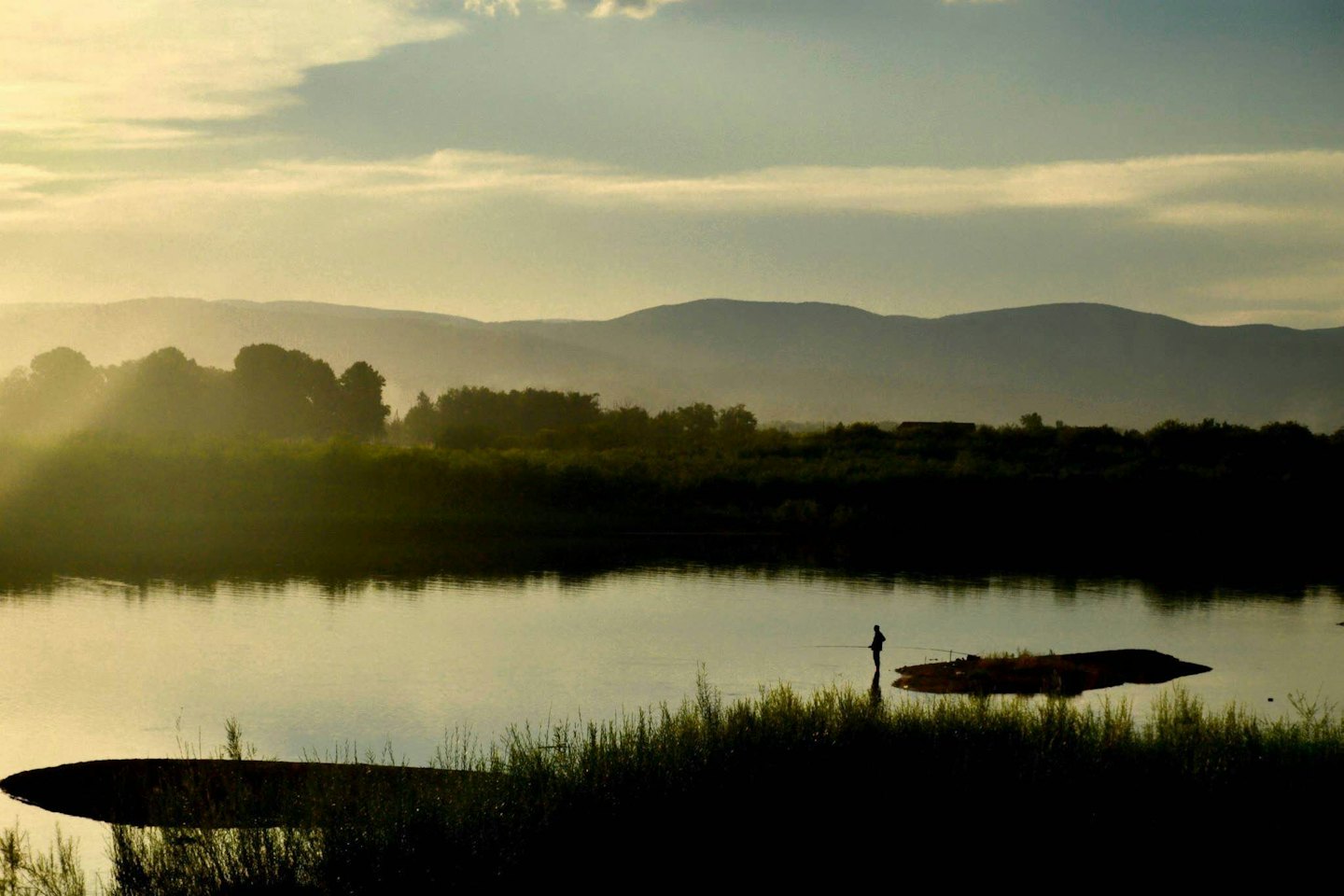 Person fishing in calm water near reeds at sunrise.